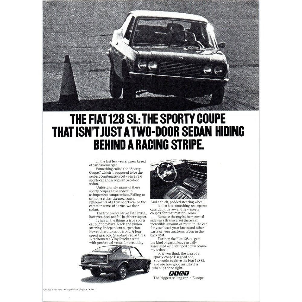 1973 Fiat 128 SL Sporty Coupe Vintage Print Ad Test Track Driver 70s Wall Art